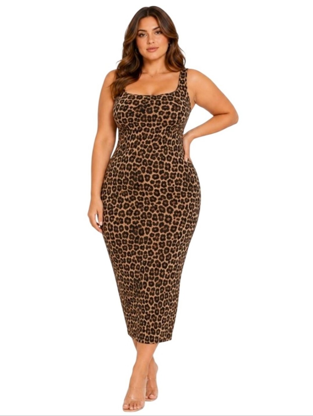 Naked Wardrobe Sculpt Midi Leopard Print Dress Plus Size 3X Brown NW New